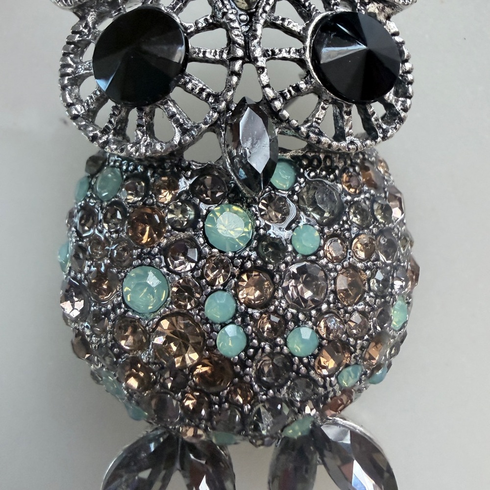 Crystal Embellished Owl Brooch - Aqua & Smoky Brown